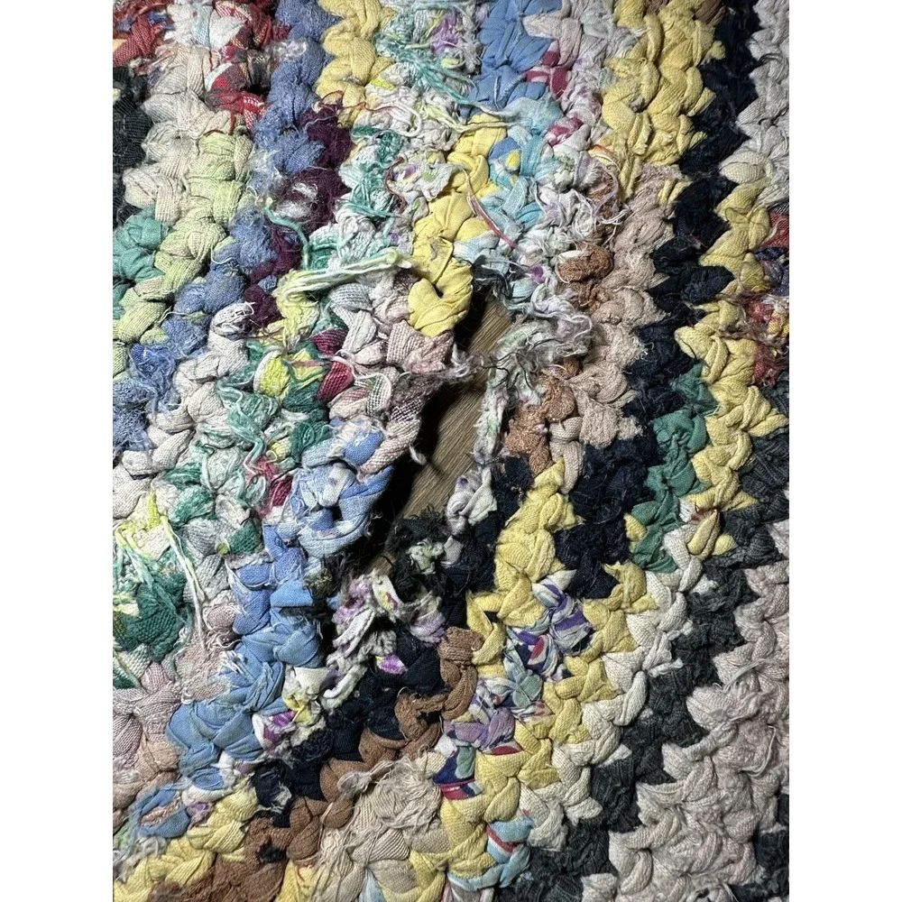 Vintage Handmade Round Rag Rug Braided Crochet Multicolor Boho Damaged